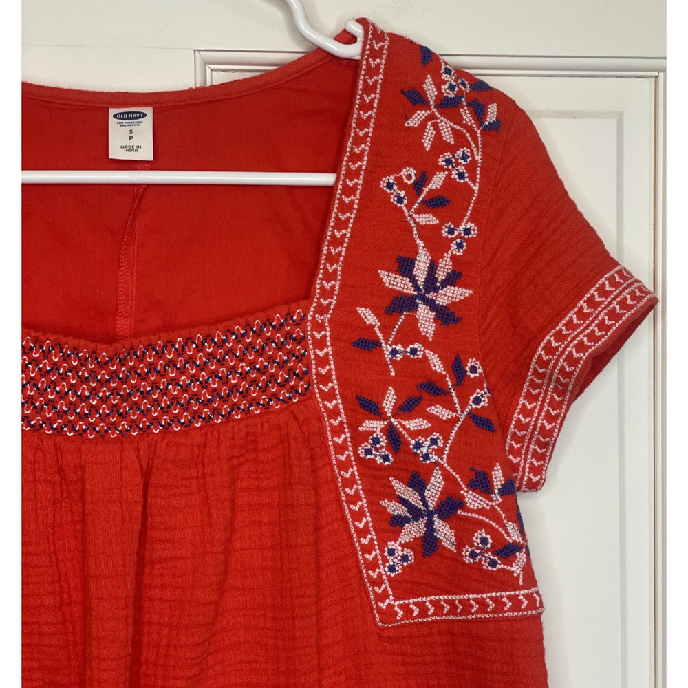 Old Navy Women's Embroidered Dress Sz S Cotton Gauze Boho Coastal Peasant Aztec - Picture 3 of 12